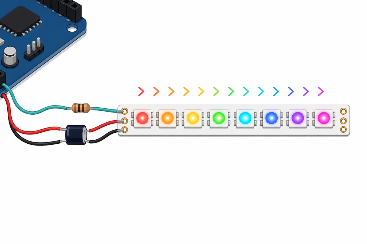 Cartoon diagram of a white WS2812 8-LED stick showing data direction from IN pad to OUT pad with a resistor on the data line and capacitor across power