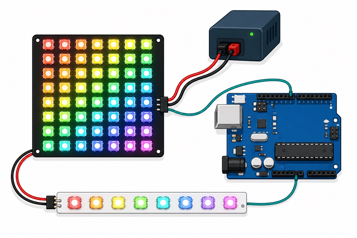 Cartoon of a black 8x8 WS2812 LED matrix showing a rainbow pattern, powered by an external 5V supply with a data wire from a blue Arduino Uno