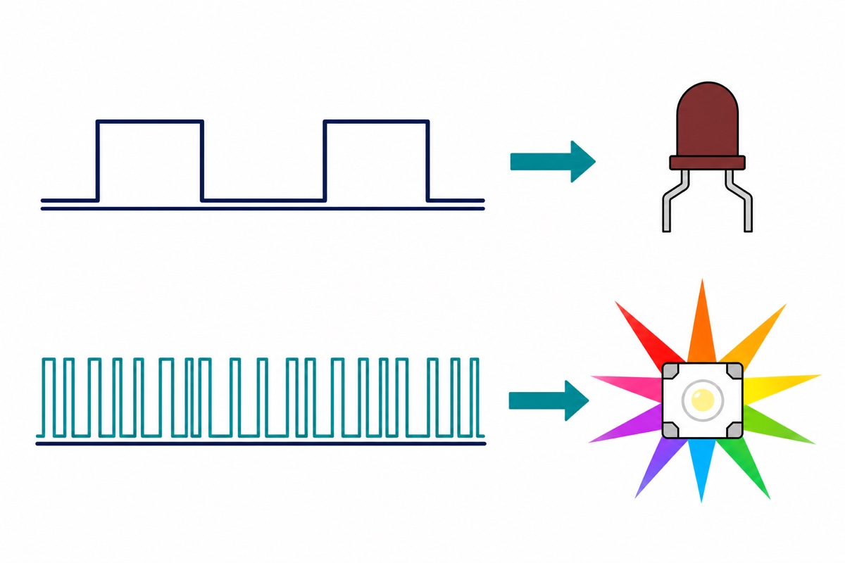 Cartoon comparison of a slow square wave leaving a red LED unlit versus a dense train of narrow data pulses making a small white square WS2812 package glow with a rainbow starburst