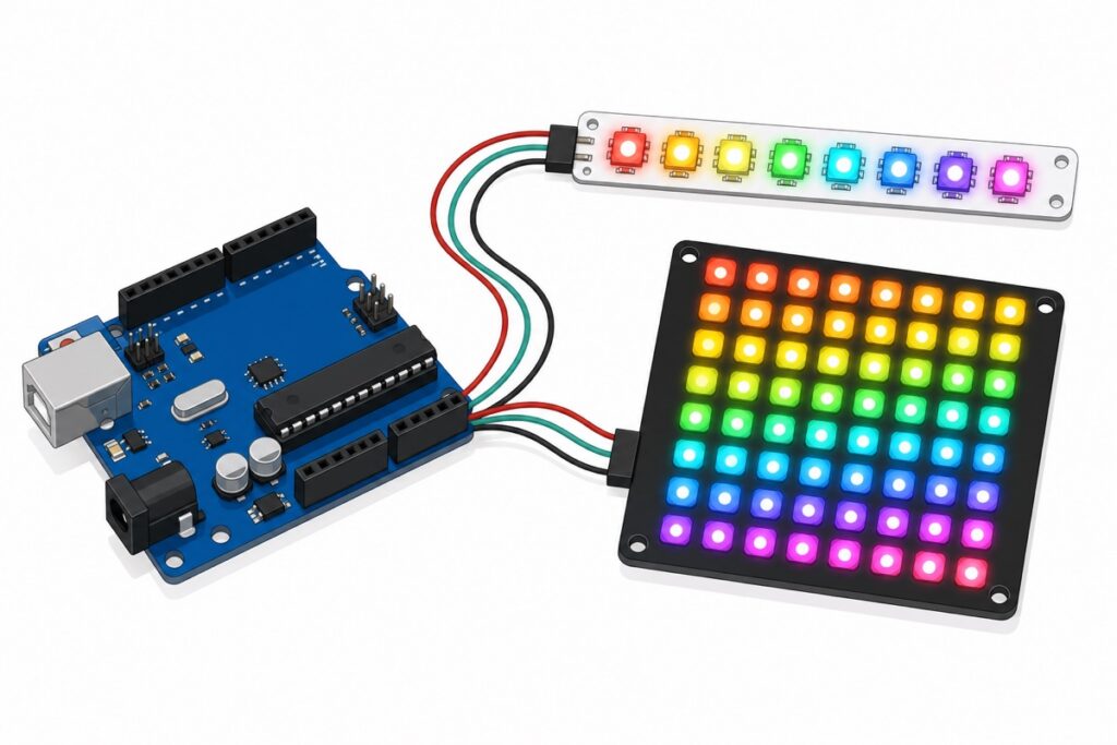 Cartoon illustration of a white 8-LED WS2812 stick and a black 8x8 WS2812 matrix glowing rainbow colours next to a blue Arduino Uno