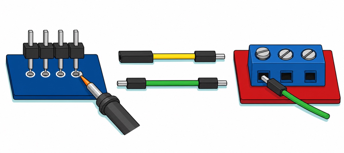 Cartoon showing a black male header strip being soldered into a deep-blue board's bare holes, a male-to-female yellow jumper above a male-to-male green jumper, and a silver pin clamped under a blue screw terminal on a red board