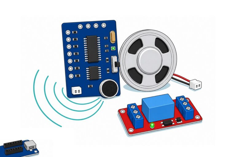 Cartoon of a deep-blue ZK-VR01 voice recognition board with a black microphone face and a round bare-silver speaker beside it, teal sound waves arriving at the microphone, and a red relay module with a sky-blue relay nearby
