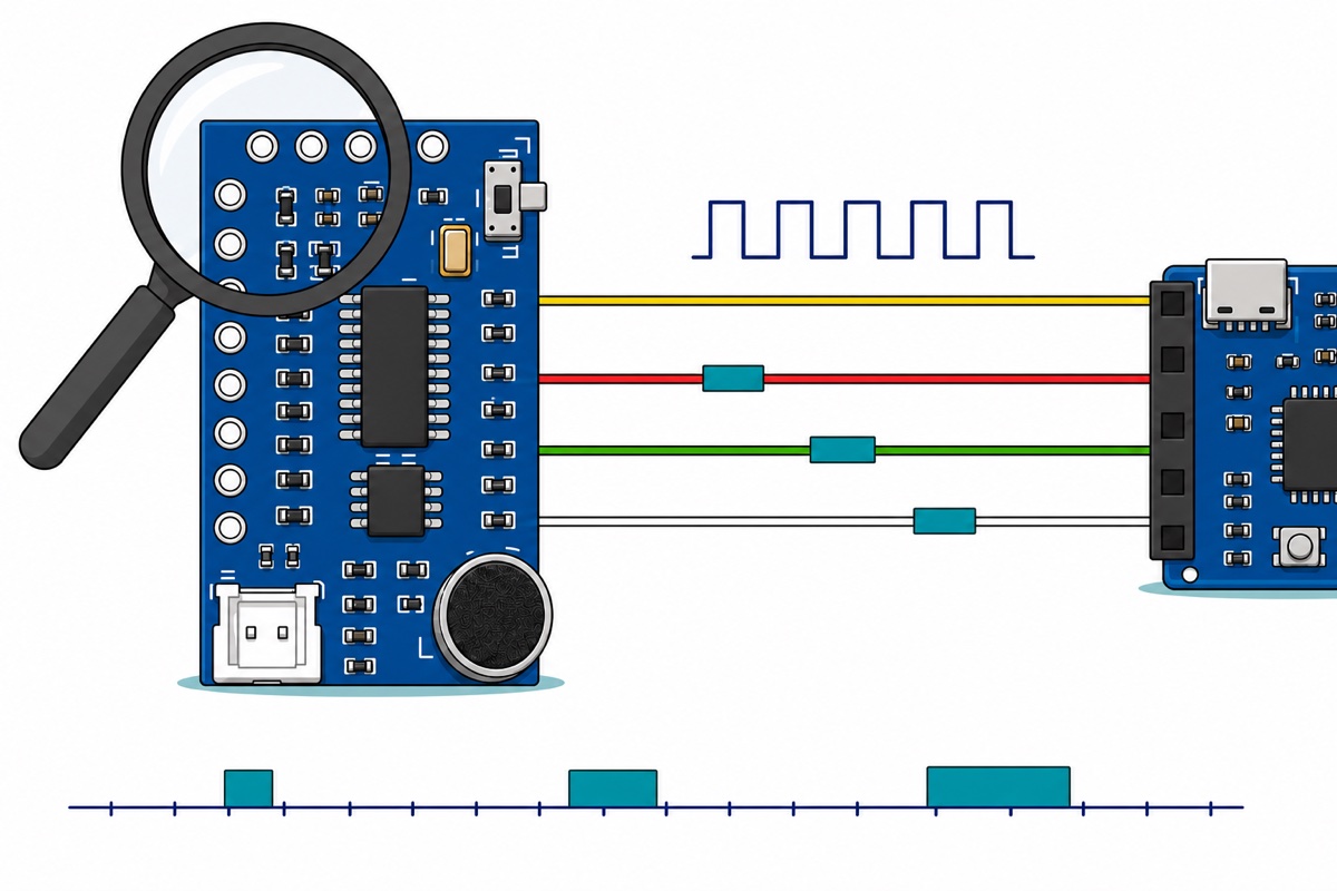 Cartoon of a magnifying glass over a deep-blue voice recognition board, with one yellow wire carrying a navy square wave and three coloured wires each carrying a single teal pulse running to a small blue Arduino board, above a navy timeline of teal pulses